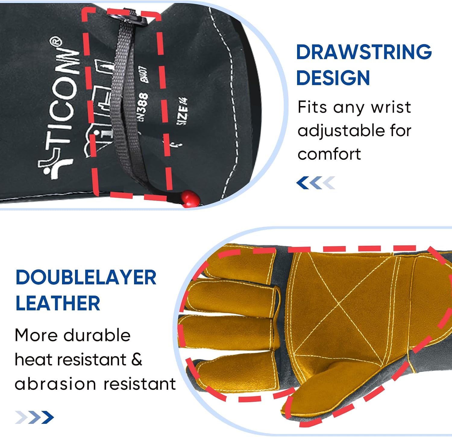 TICONN 16" Leather Welding Gloves for Men, 1000°F Heat Resistant, MIG/TIG