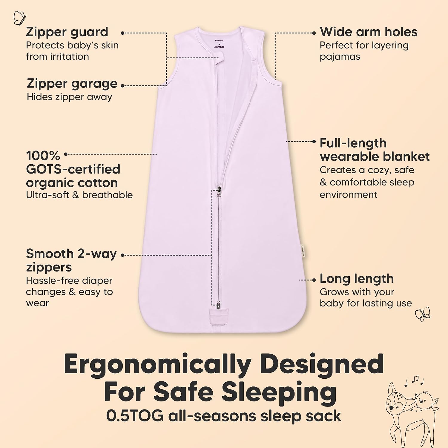 2-Pack Baby Sleep Sacks, Zipper Wearable Blanket,100% Cotton (Lilac, M)