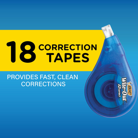 BIC Wite-Out Brand EZ Correct Correction Tape, 39.3 Feet, 18-Count Pack of white Correction Tape, Fast, Clean and Easy to Use Tear-Resistant Tape Office or School Supplies