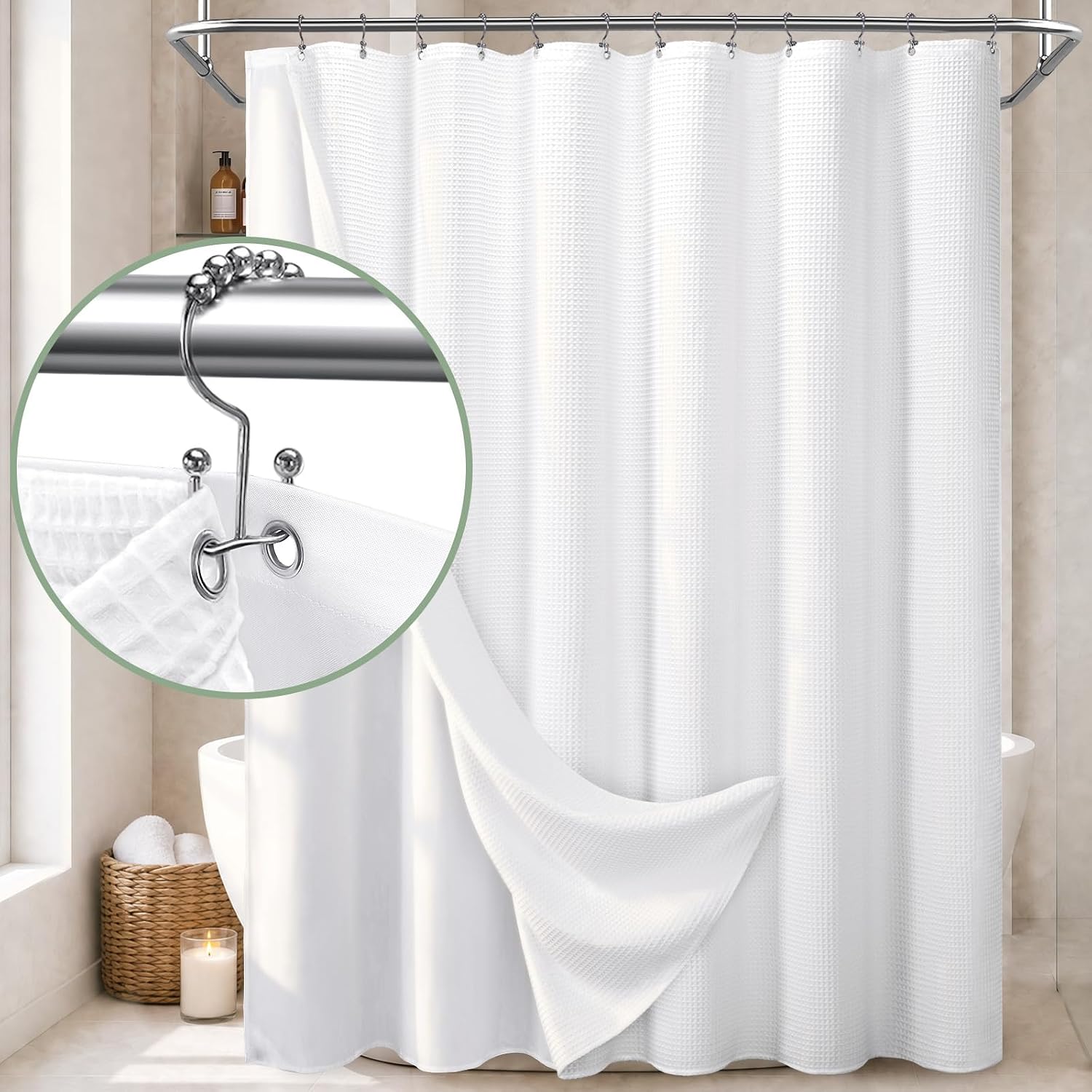 3 in 1 Shower Curtain Set Waffle Shower Curtain with Hooks and Liner Set, Cotton White Fabric Shower Curtains for Bathroom, Washable, 72Wx72L