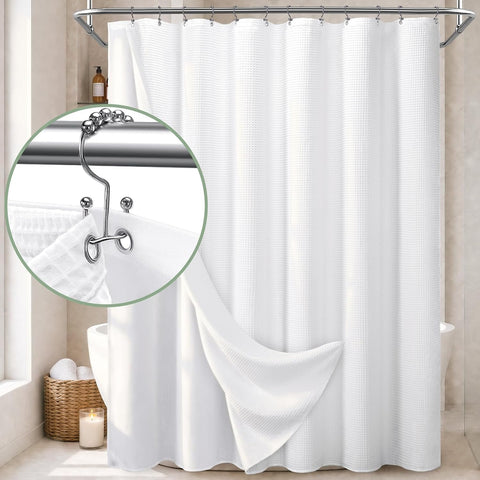 3 in 1 Shower Curtain Set Waffle Shower Curtain with Hooks and Liner Set, Cotton White Fabric Shower Curtains for Bathroom, Washable, 72Wx72L