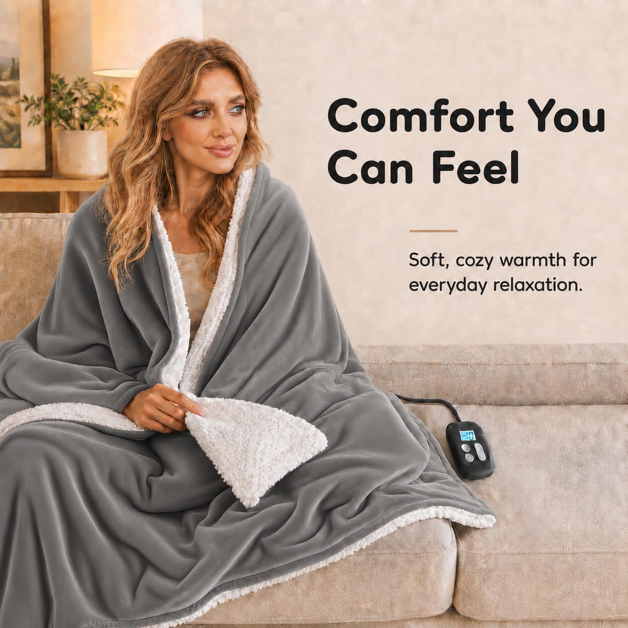 LaffyLo Electric Heated Blanket Full Size 72"x 84", Flannel & Sherpa for Bed, Sofa and Couch, ETL Certified, 10 Heat Settings, 1-12H Timer, Overheat Protection, Machine Washable, Light Grey