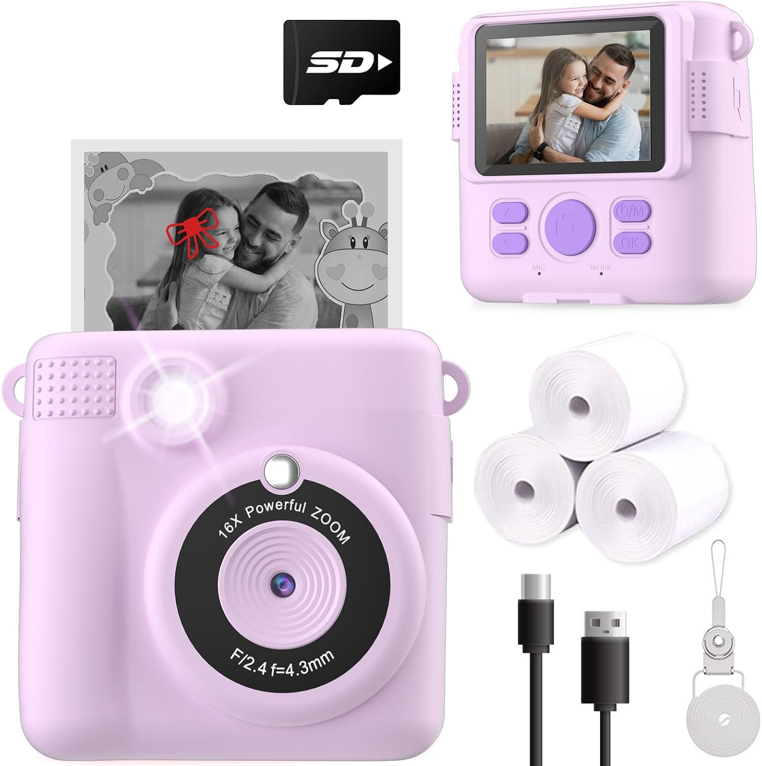 ESOXOFFORE Instant Print Camera for Kids, Christmas Birthday Gifts for Girls Boys Age 3-12,Kids Digital Cameras for Toddler, Portable Toy for 3 4 5 6 7 8 9 10 Year Old Girl -Purple