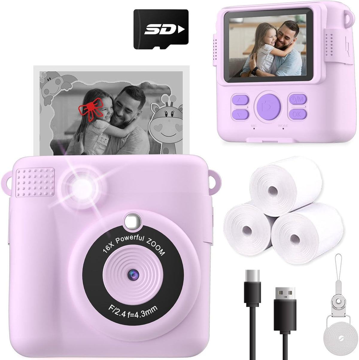 ESOXOFFORE Instant Print Camera for Kids, Christmas Birthday Gifts for Girls Boys Age 3-12,Kids Digital Cameras for Toddler, Portable Toy for 3 4 5 6 7 8 9 10 Year Old Girl -Purple