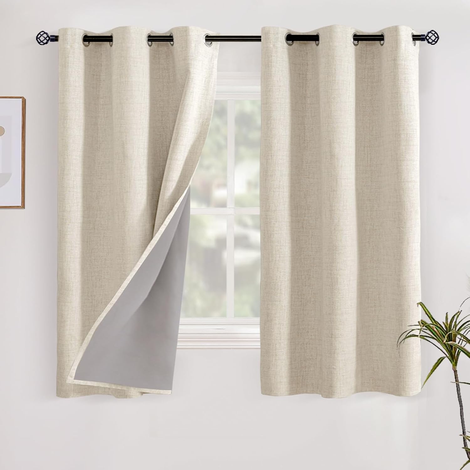YoungsTex Linen Blackout Curtains 48 Inch Length for Bedroom, Short Thermal Insulated Drapes Room Darkening with Grommet Privacy for Living Room Window, Warm Beige, 2 Panels, 42 X 48 Inch