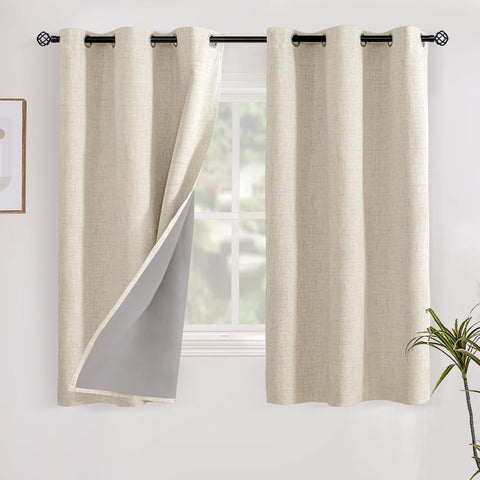 YoungsTex Linen Blackout Curtains 48 Inch Length for Bedroom, Short Thermal Insulated Drapes Room Darkening with Grommet Privacy for Living Room Window, Warm Beige, 2 Panels, 42 X 48 Inch