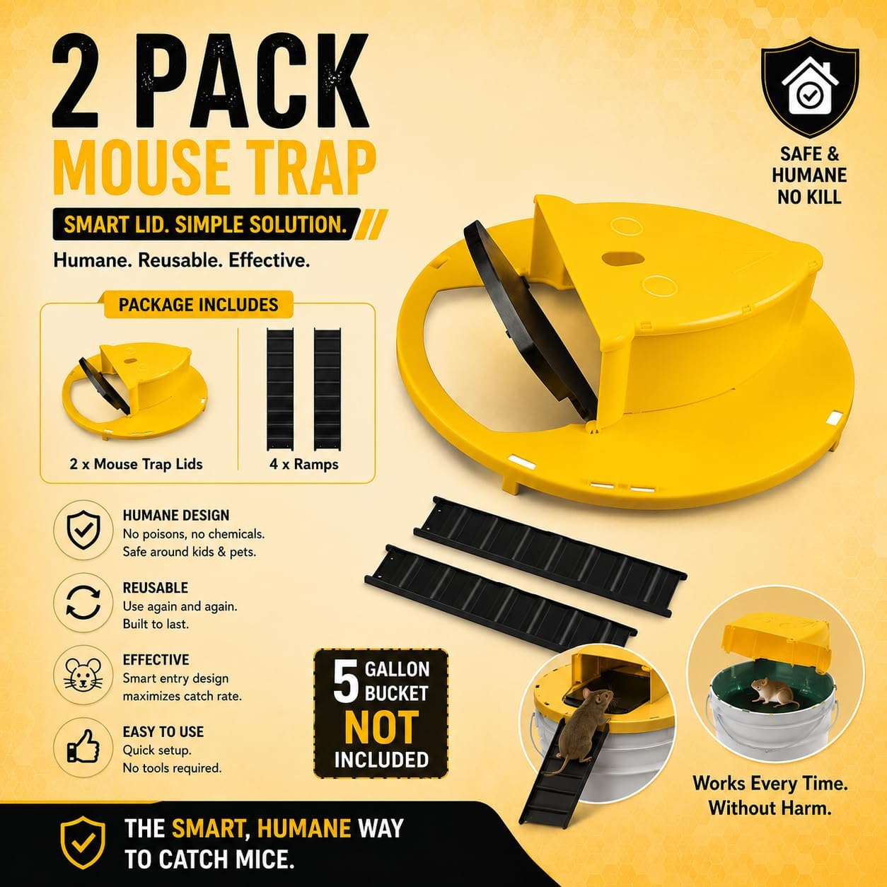 Pack 2 Bucket Lid Mouse Rat Trap, Mouse Catching Tool, Trap Door Style, Multi Catch, Auto Reset, Indoor Outdoor, 5 Gallon Bucket Compatible (Canary)