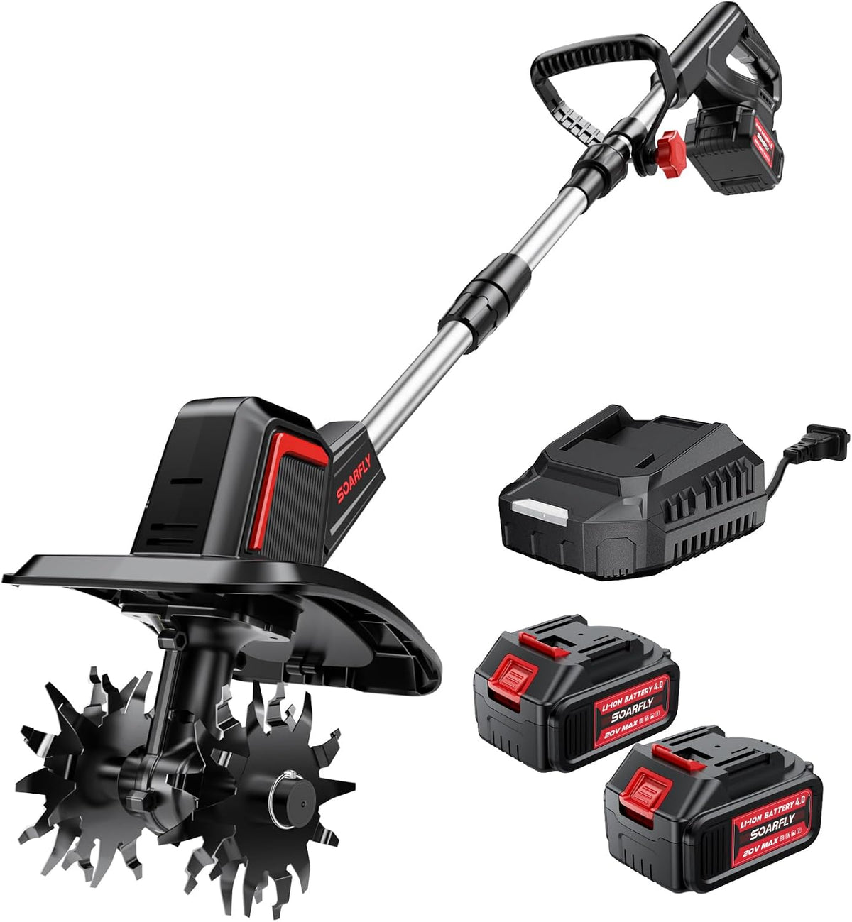 SOARFLY Cordless Tiller Cultivator 9" Width 6.6" Depth, 2×4.0Ah Batteries