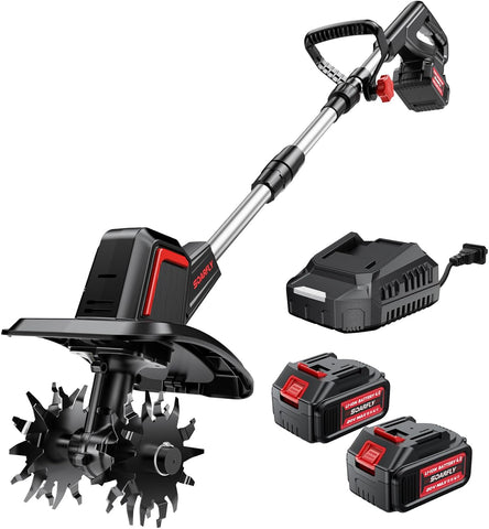 SOARFLY Cordless Tiller Cultivator 9" Width 6.6" Depth, 2×4.0Ah Batteries
