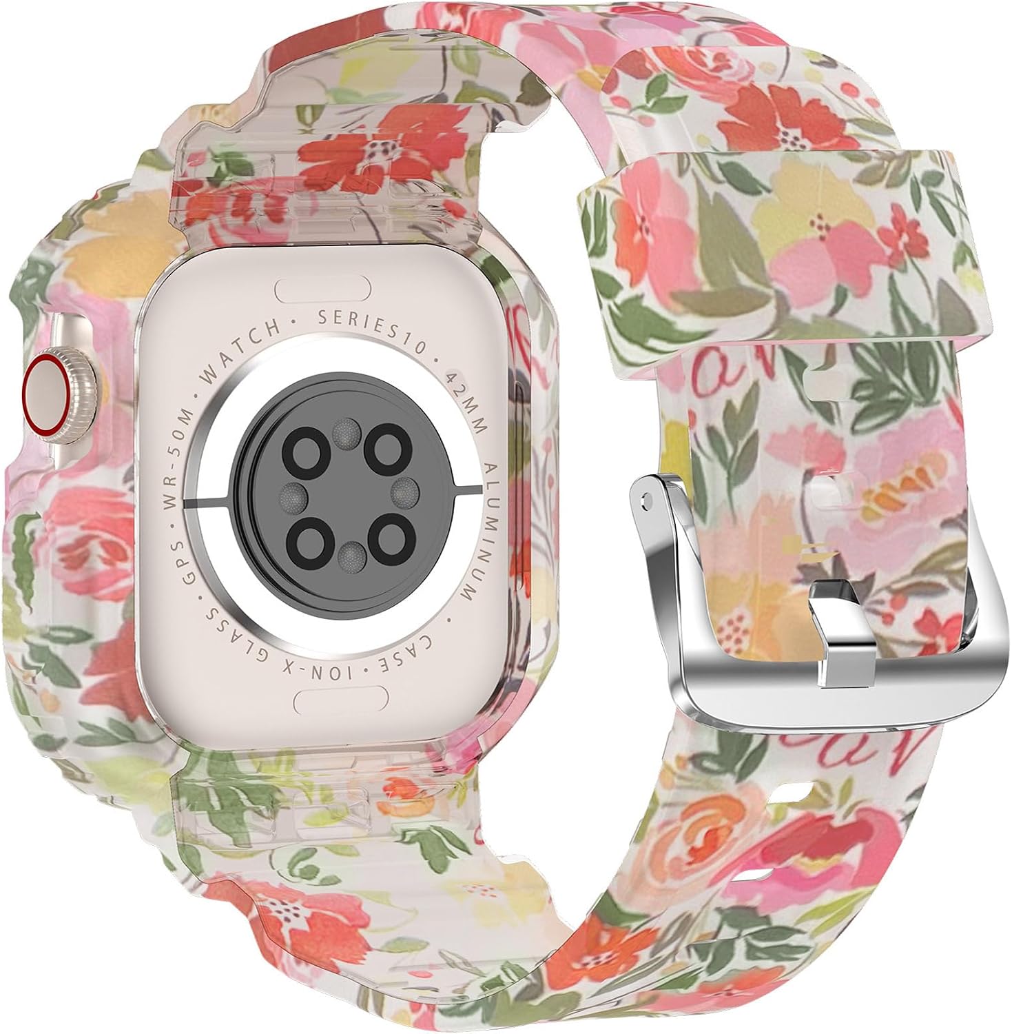 XYF Compatible for Crystal Clear Apple Watch Bands S11/10 42mm Floral Red