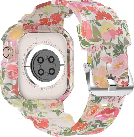 XYF Compatible for Crystal Clear Apple Watch Bands S11/10 42mm Floral Red