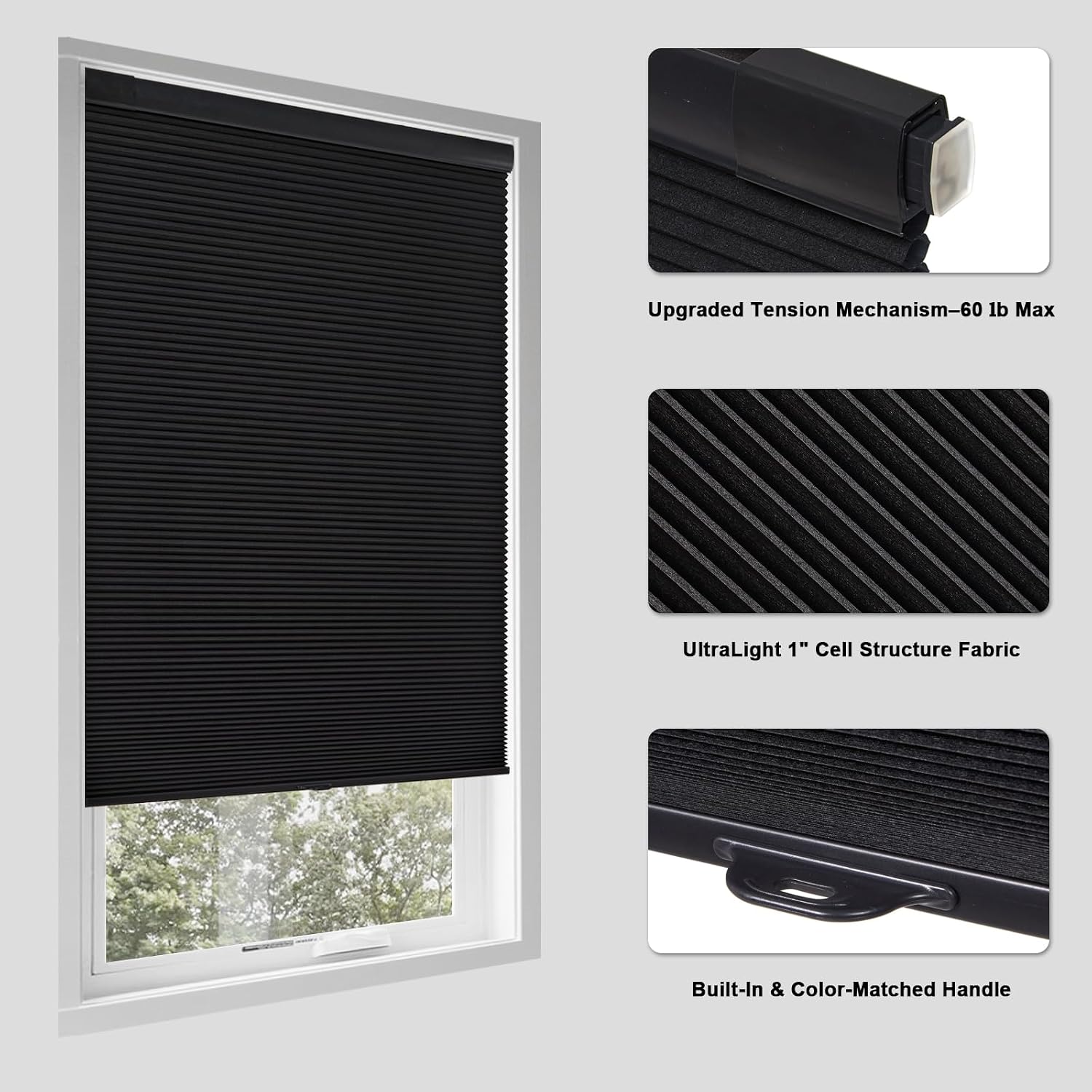 Tonature No Drill Cellular Shades for Indoor Windows, Thermal Insulating & Noise Reducing Honeycomb Blinds, Free Stop Cordless Blackout Shades, Black, 35 1/2" W x 64" H