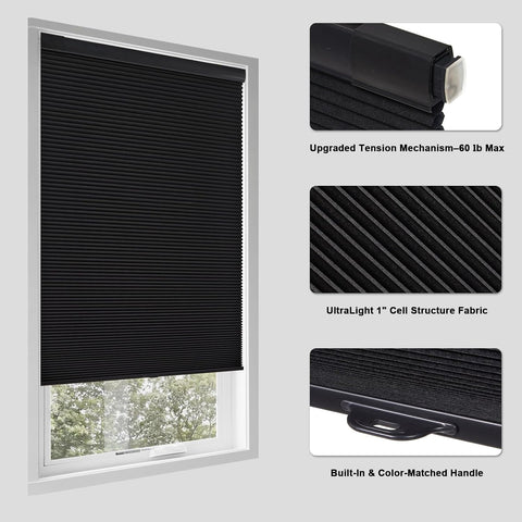 Tonature No Drill Cellular Shades for Indoor Windows, Thermal Insulating & Noise Reducing Honeycomb Blinds, Free Stop Cordless Blackout Shades, Black, 35 1/2" W x 64" H