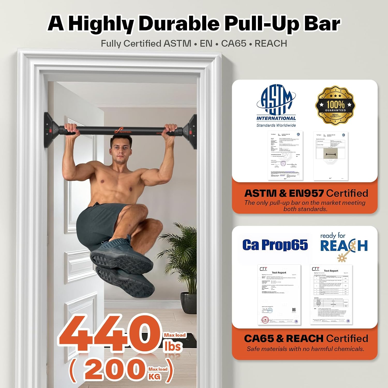 Sportneer Pull Up Bar for Doorway, No-Drill, 29.5-37 in, 440 lb