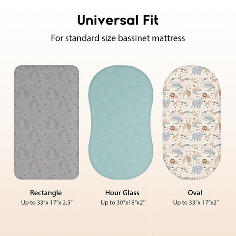 Unnivoll Baby Bassinet Sheets Girl Boy, Fitted Bassinet Sheet Set 3 Pack Bassinet Mattress Sheets Universal Fit for Rectangle, Round, Oval, Hourglass Mattress, Soft Breathable Elephant