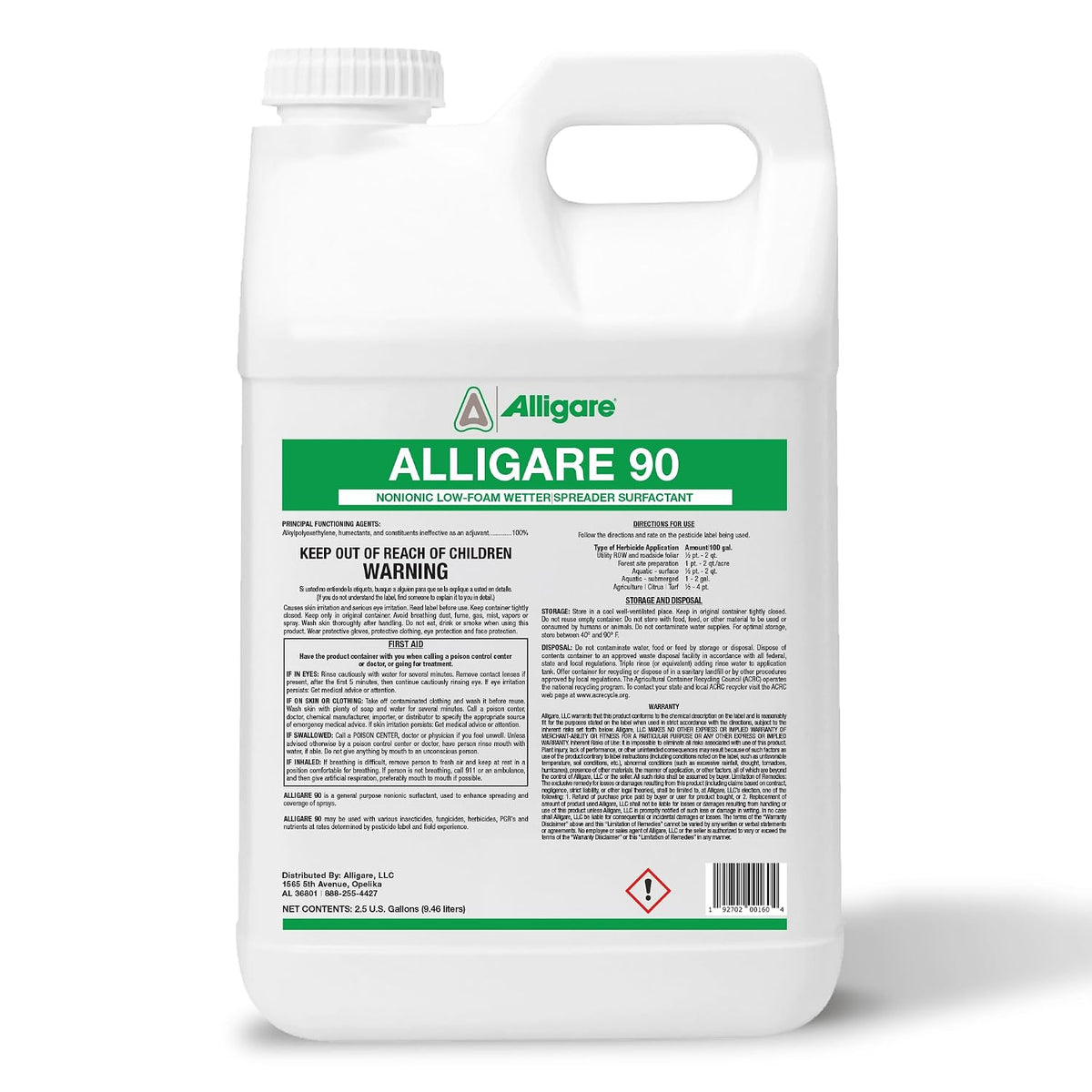 ALLIGARE 90 Nonionic Surfactant for Enhanced Spray Coverage - Low-Foam Wetting Agent for Herbicides & Insecticides- Versatile Use in Agriculture, Forestry & Aquatic Applications -2.5 Gallons