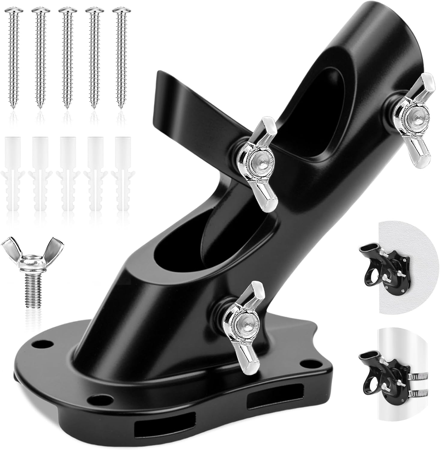 Flag Pole Holder for Outside House, REERON 2-Positions Metal Flagpole Bracket Mounts, 1" Aluminium Rustproof Flag Pole Wall Porch Mounting Brackets with 3 Fixed Holes & Steel Hardwares (Black-1 Pack)