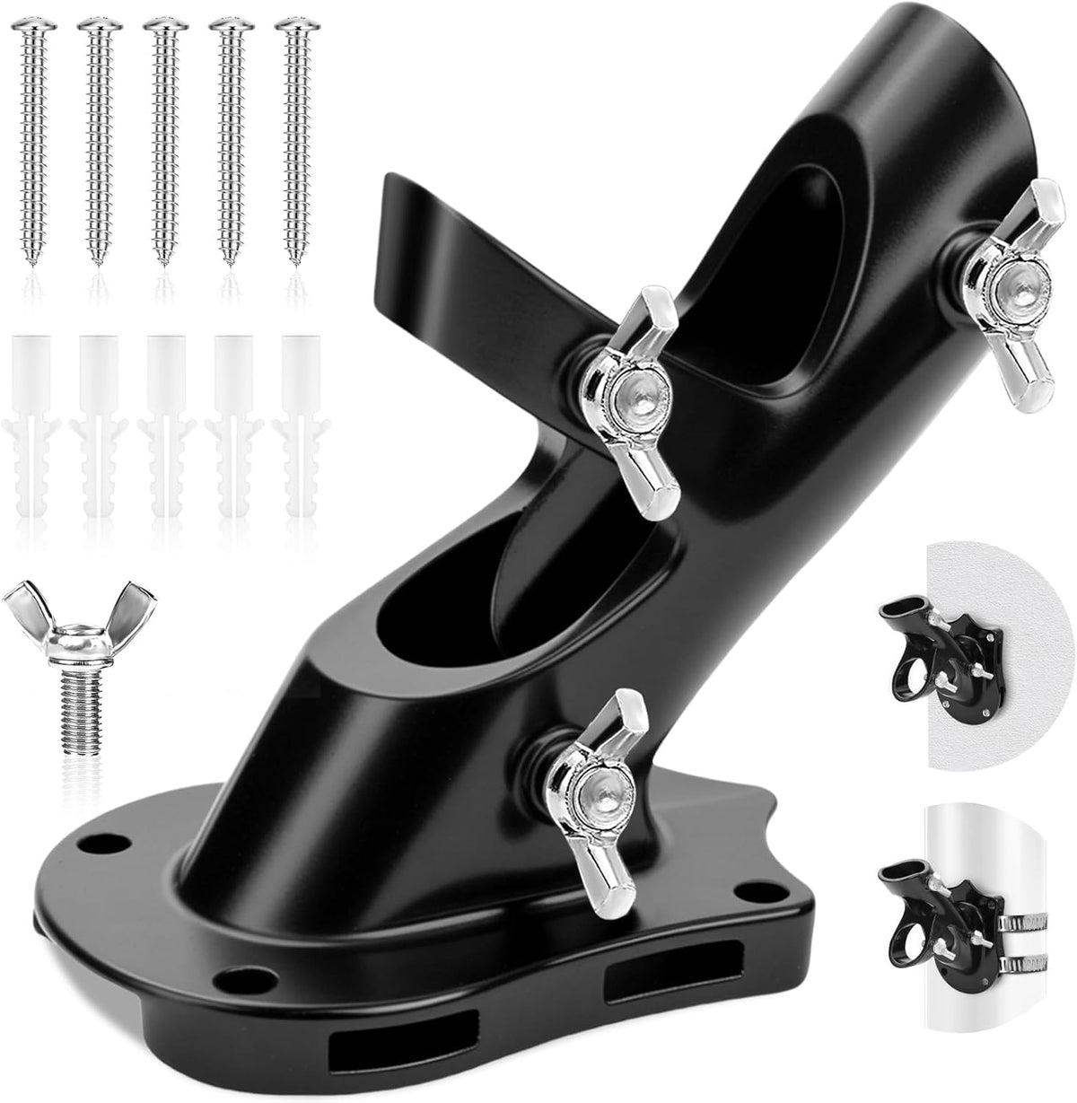 Flag Pole Holder for Outside House, REERON 2-Positions Metal Flagpole Bracket Mounts, 1" Aluminium Rustproof Flag Pole Wall Porch Mounting Brackets with 3 Fixed Holes & Steel Hardwares (Black-1 Pack)