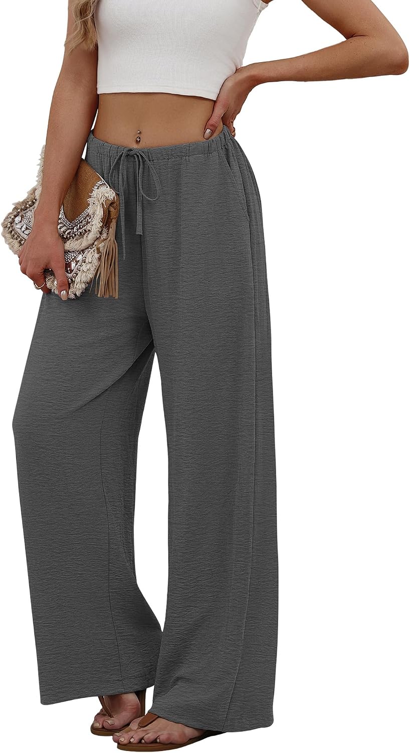 Sampeel Wide Leg Pants for Women Flowy Palazzo Drawstring Elastic Waist Trousers with Pockets Summer Beach Vacation Clothes