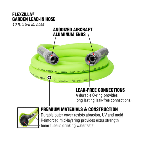 Flexzilla Garden Lead-In Hose 5/8 in. x 10 ft, Heavy Duty, Lightweight, Durable, ZillaGreen - HFZG510YW-E