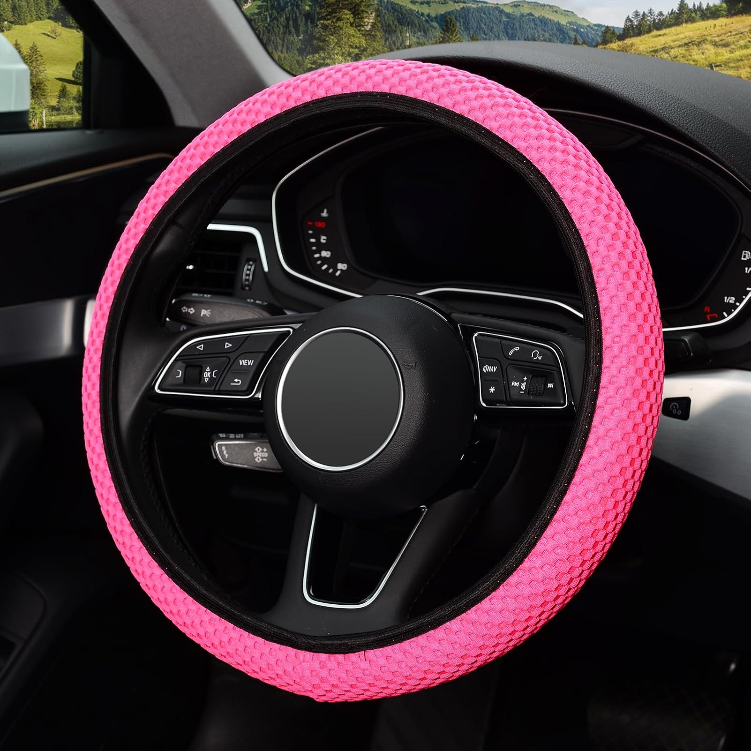 KAFEEK Elastic Stretch Steering Wheel Cover, Universal 15 Inch, Rose Red