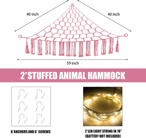 CERETIA Stuffed Animal Hammock Corner Plushie Net Storage, 2 Packs Pink