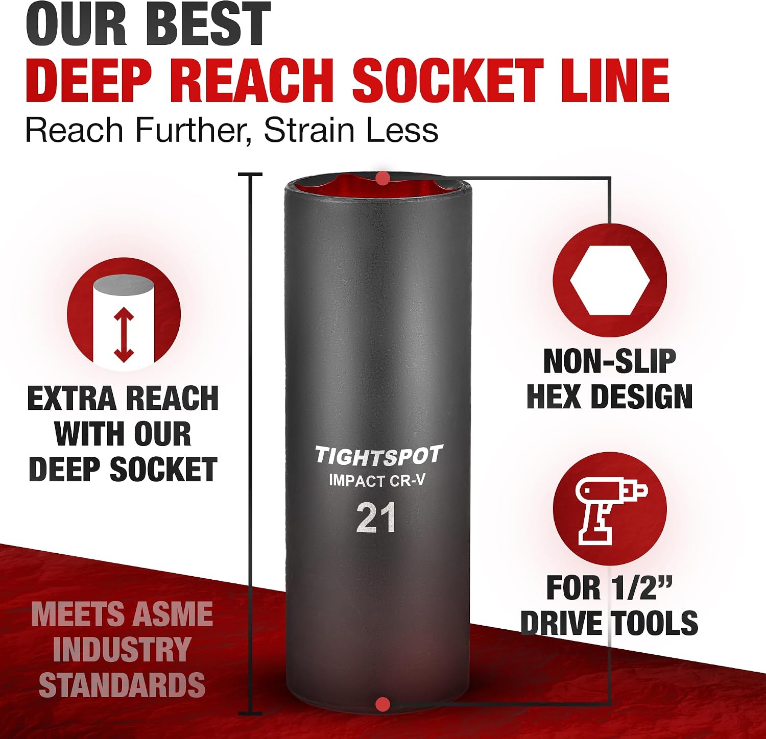 TIGHTSPOT 1/2 Inch Drive - 21 mm Deep Impact Socket with Anti-Rounding 6 Point Design, Heat-Treated CRV Steel, Metric