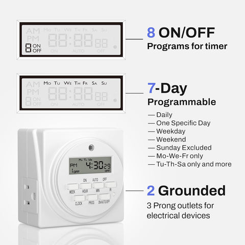BN-LINK Indoor 7-Day Programmable Digital Timer Outlet, 2 Outlets, 1 Pack