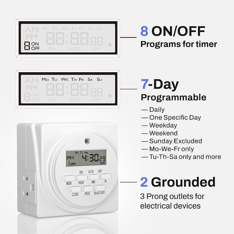 BN-LINK Indoor 7-Day Programmable Digital Timer Outlet, 2 Outlets, 2 Pack