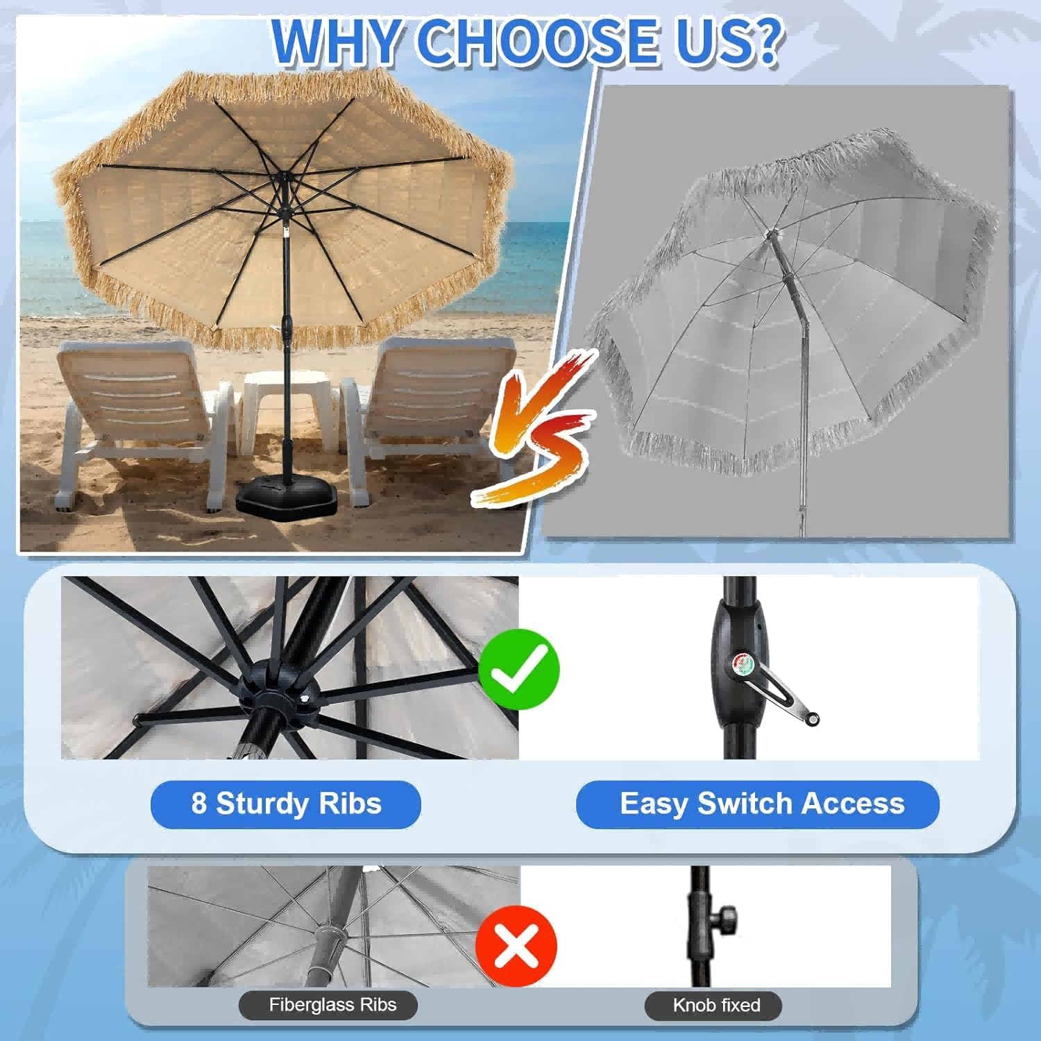 8FT Hula Tiki Thatched Patio Beach Umbrella Hawaiian Style for Outdoor