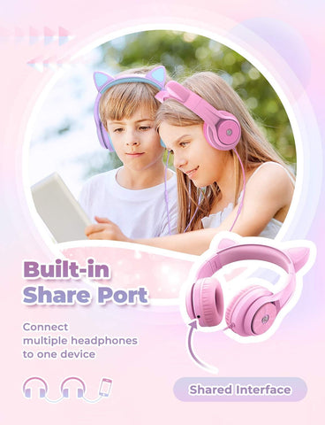 iClever HS20 Kids Headphones for Toddler Girls, Cat Ear LED Light Up School