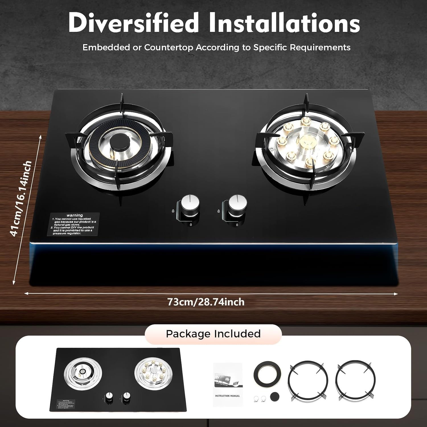 Natural Gas Cooktop, Burners Gas Stove, Built-in Cooktop with Black Glass, Tempered Glass, Anti-tempering protection