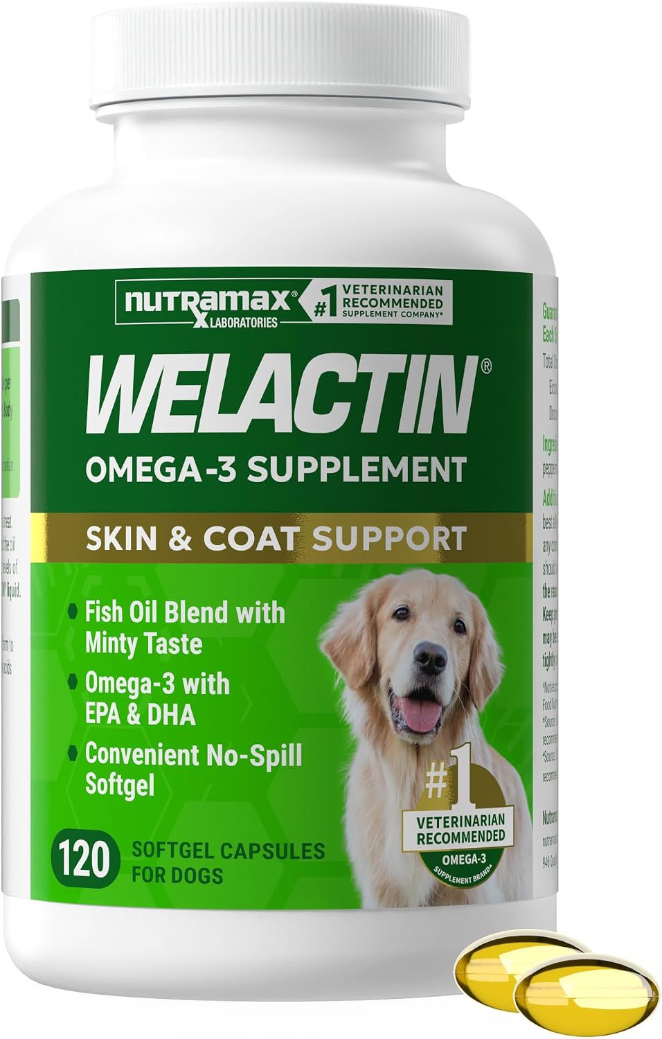 Nutramax Welactin Omega-3 Fish Oil Supplement for Dogs, Softgel Caps, 120ct