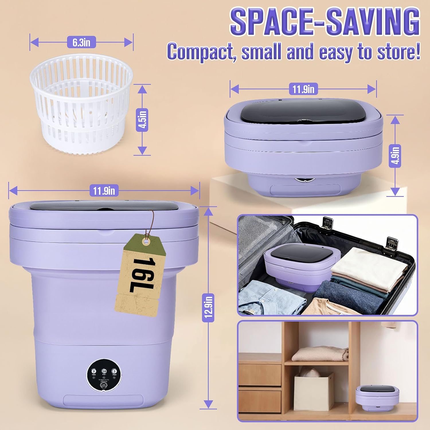 Mini Washing Machine 16L Foldable Small Washer for Underwear, Socks, Baby Clothes - 3 Cleaning Modes with Spin Dryer Basket Ideal for Apartment, RV, Travel, Dorm