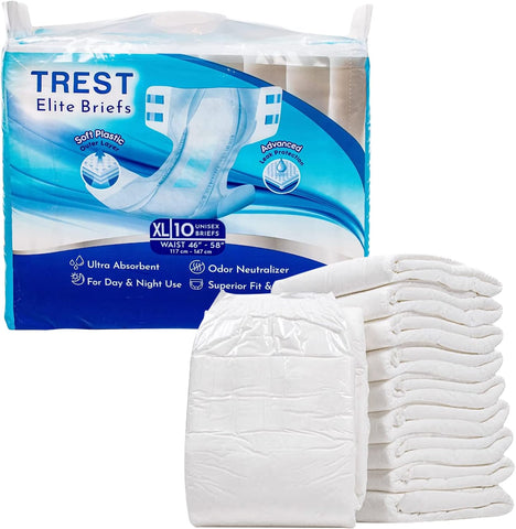 TREST Elite Briefs for Men and Women, Overnight Diapers for Incontinence, Elite Absorbency, Comfortable, Odor Neutralizing and Secure Fit with 2 Wide Tabs - White, X-Large (Pack of 10)