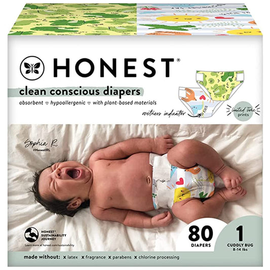 The Honest Company Clean Conscious Diapers | Plant-Based, Sustainable | Spring '23 Limited Edition Prints | Club Box, Size 1 (8-14 lbs), 80 Count