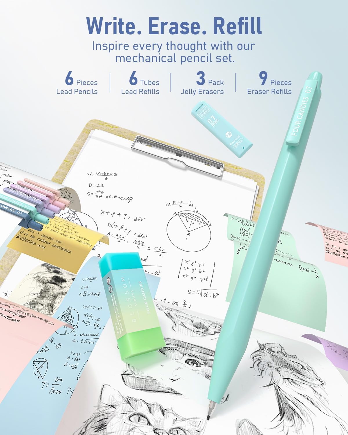Four Candies School Supplies with Cute Pencil Case, 39ct, Blue