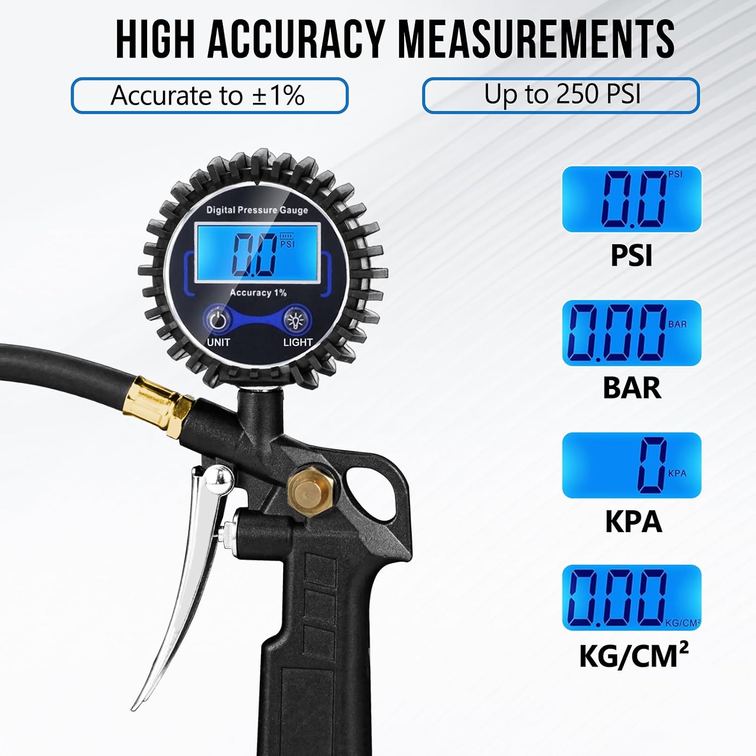 Digital Tire Pressure Gauge with Inflator, 3-250 PSI Air Compressor Accessories with Air Chuck Quick Connect Coupler, Car Attachments with Rubber Hose for Car, Truck, SUV, Cycle, RV