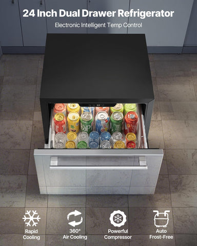 VEVOR Under Counter Drawer Refrigerator, 24 In Stainless Steel Fridge with Temperature Control, Dual Drawer Refrigerator with Powerful Compressor & LED Display, for Home, Office, and Commercial Use