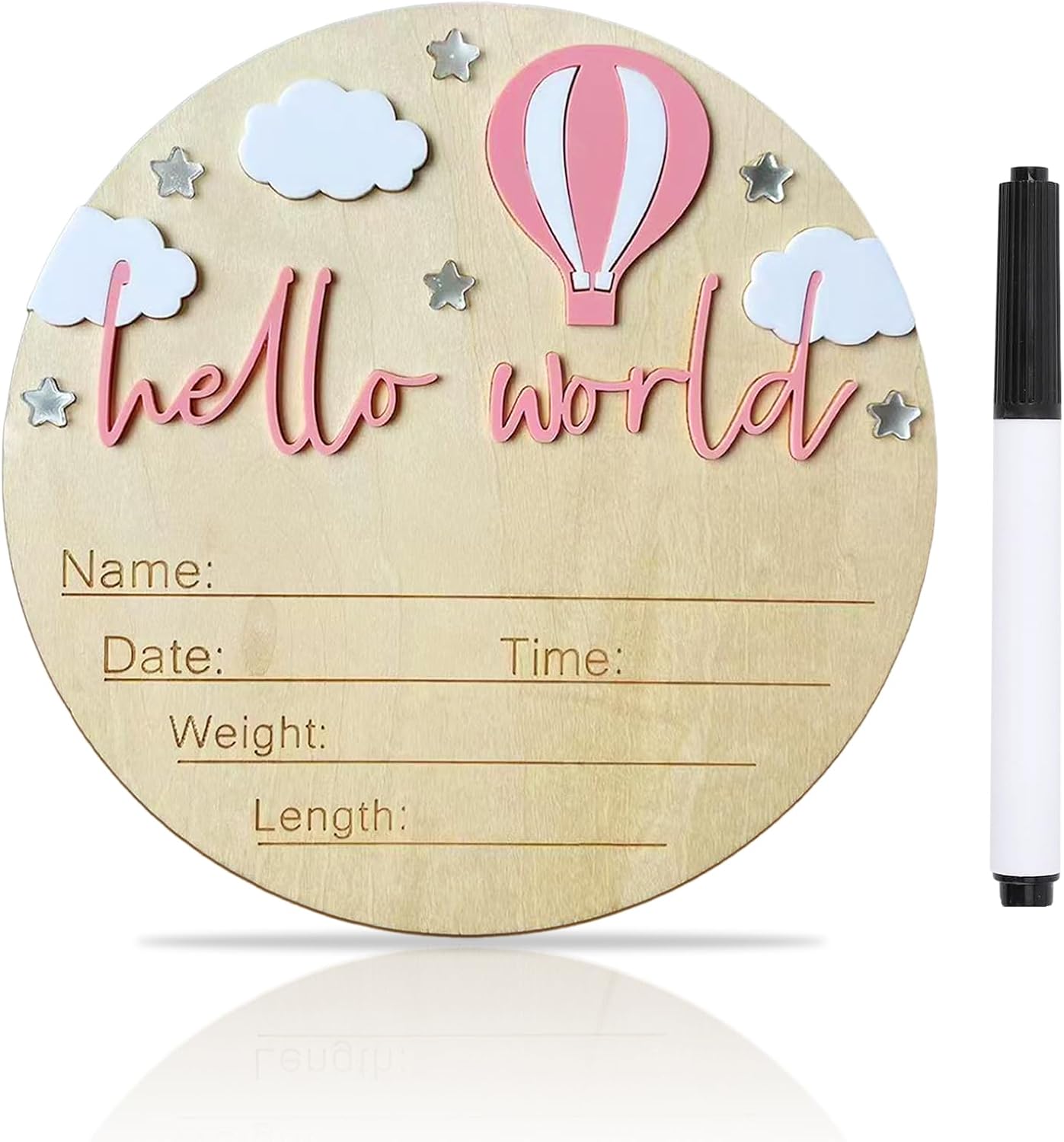 Baby Announcement Sign, 5.9 Inch Wooden Hello World Newborn Signs, Birth Announcement Sign and Pen, Hot Air Balloon and White Cloud Decoration, Welcome Newborn Arrival to World (Pink)