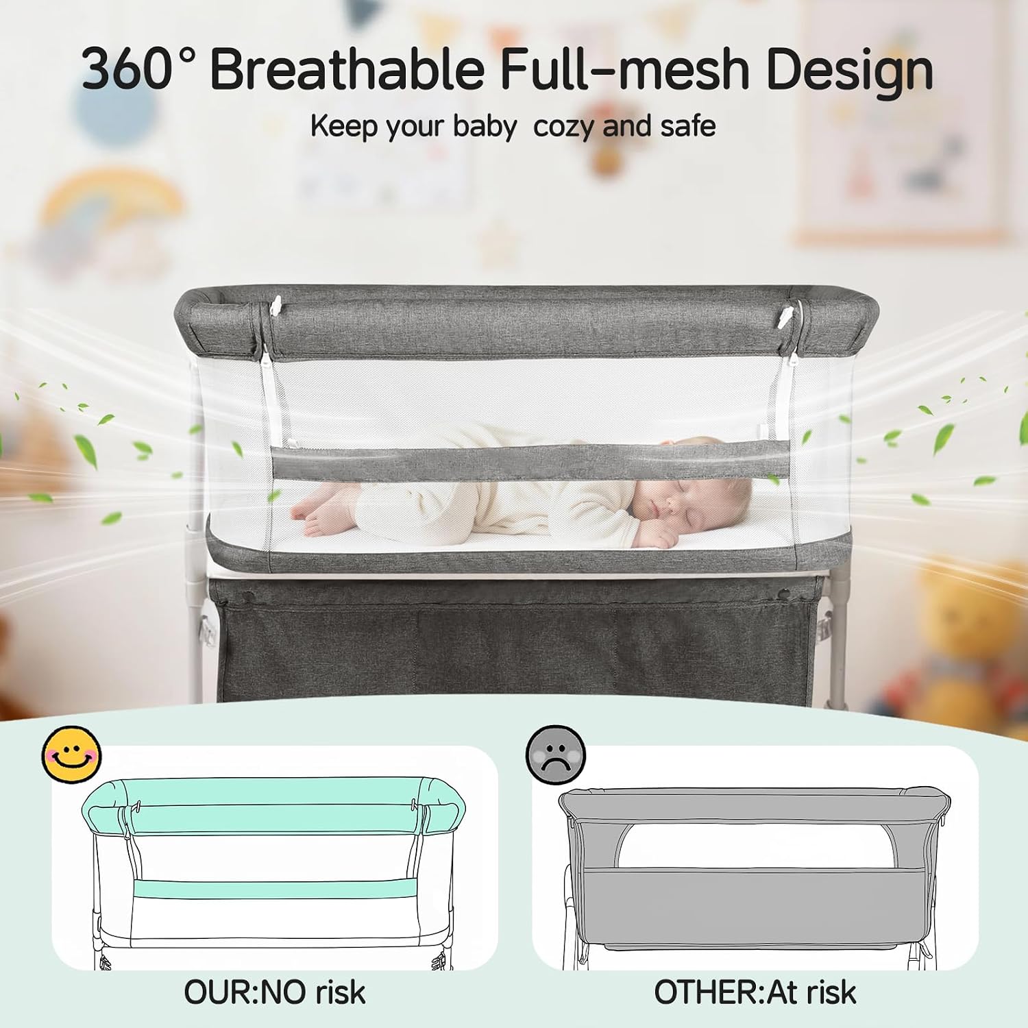 Cowiewie Bassinet Bedside Sleeper,Baby Bassinet Slides Over Bed,5-Height Adjustment & Breathable All-Mesh Wall Bedside Bassinet for Baby,Space-Saving Bedside Crib, Height(37.4-41.3"), Dark Grey