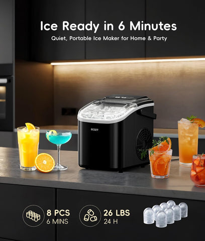 ecozy Portable Ice Makers Countertop, 8 Cubes in 6 Mins, 26lbs/Day - Black