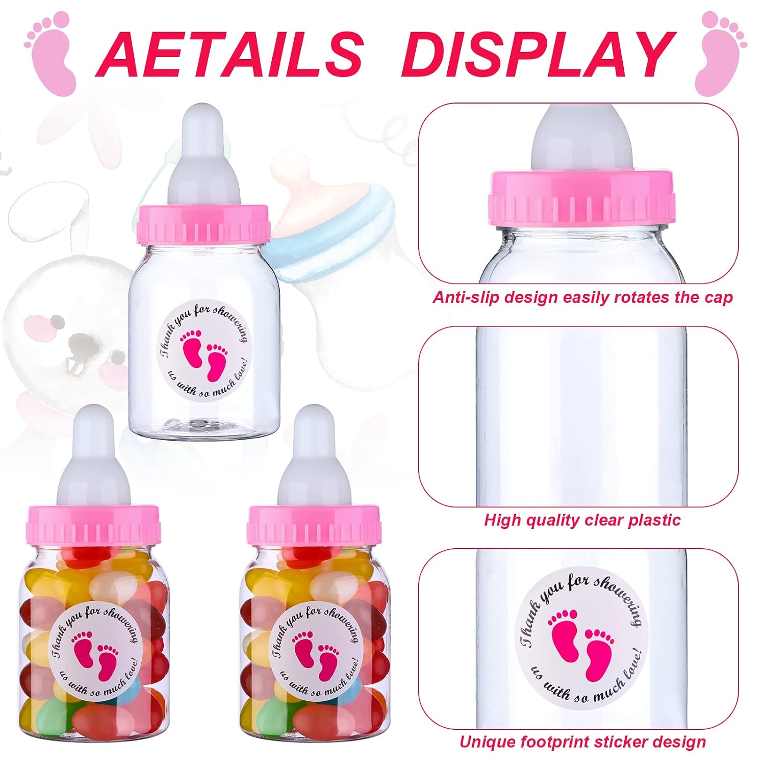 62 Pcs 3.5 Inch Baby Mini Milk Bottle Baby Shower Favor with 500 Adhesive Thank You for Showering Stickers, Small Plastic Candy Bottle DIY Gift for Boy Girl Newborn Baptism Party Decor (Pink)