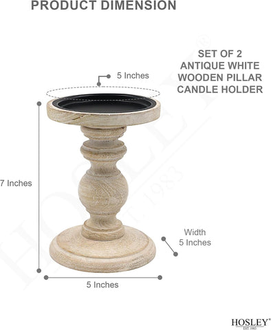 Hosley Set of 2 Antique White Wooden Pillar Candle Holders - 7 Inch Rustic Farmhouse Candlestick Stand, Distressed Candle Pedestals for Table Centerpiece, Wedding Party, Home Decor, Spa