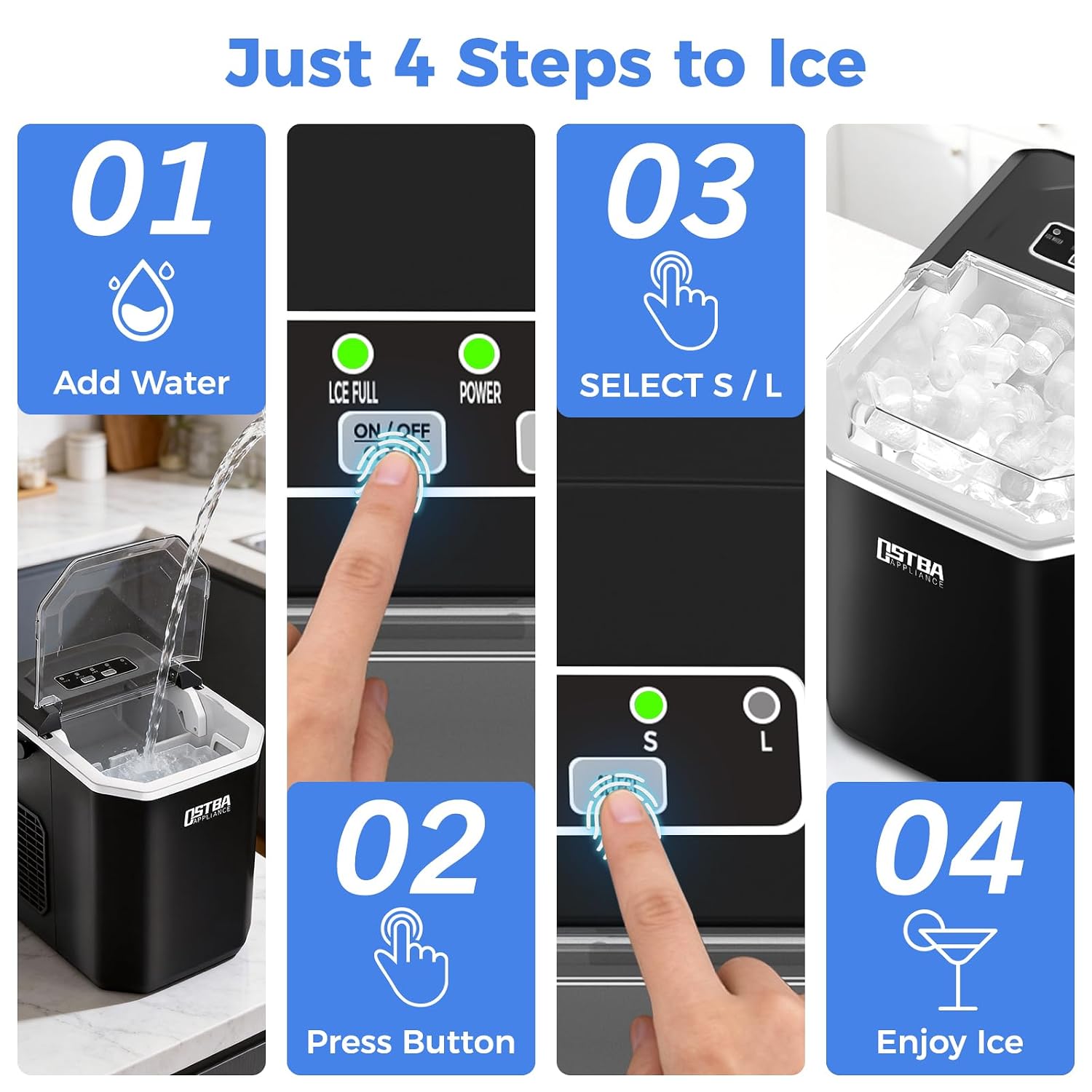OSTBA Countertop Ice Maker Machine, 26Lbs/Day, 2 Ice Sizes, Bullet Ice