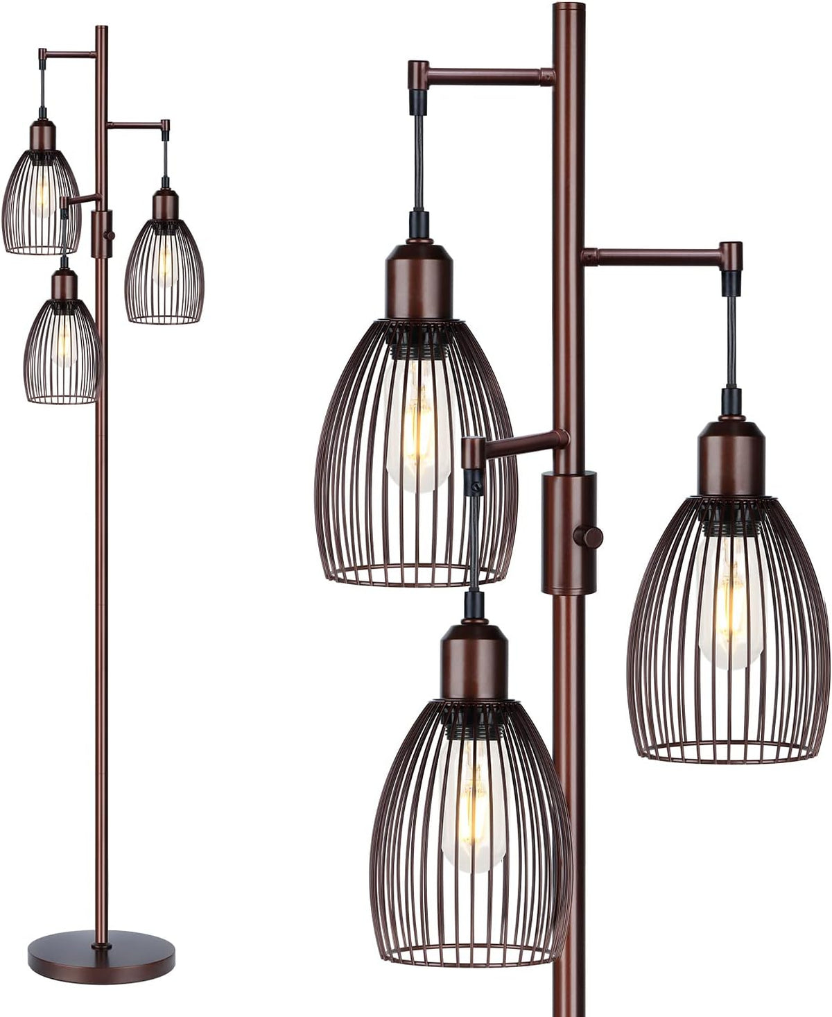 Torondo Dimmable Floor Lamp, Industrial Floor Lamps for Living Room, Brown Tree Lamp Standing Lamp Tall Lamps with 3 Elegant Teardrop Cage Head & 800 Lumens LED Bulbs for Living Room Bedroom Office