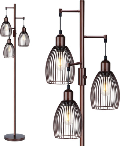 Torondo Dimmable Floor Lamp, Industrial Floor Lamps for Living Room, Brown Tree Lamp Standing Lamp Tall Lamps with 3 Elegant Teardrop Cage Head & 800 Lumens LED Bulbs for Living Room Bedroom Office