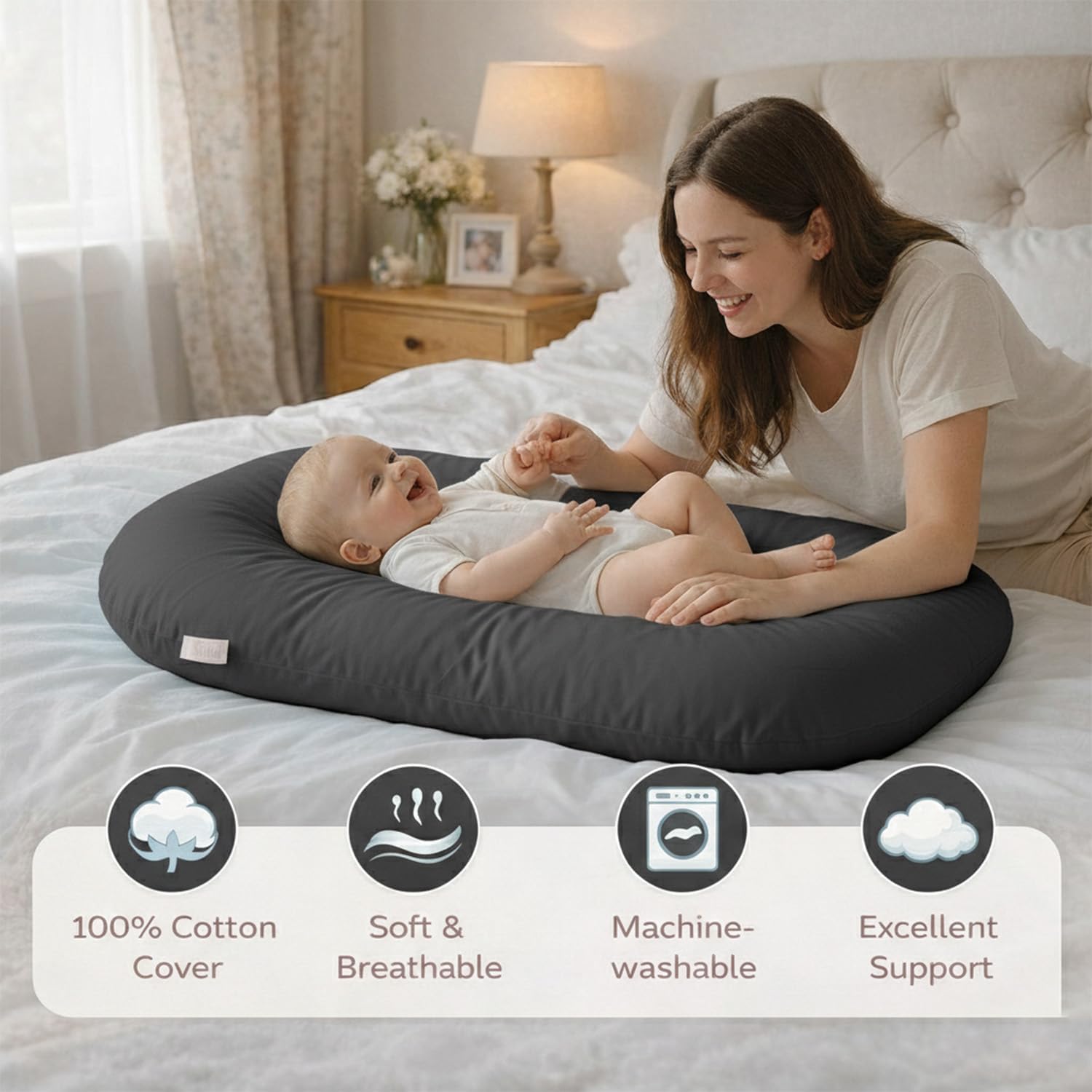 0-24 Months Baby Lounger Support Cushion for Home Travel,Dark Grey