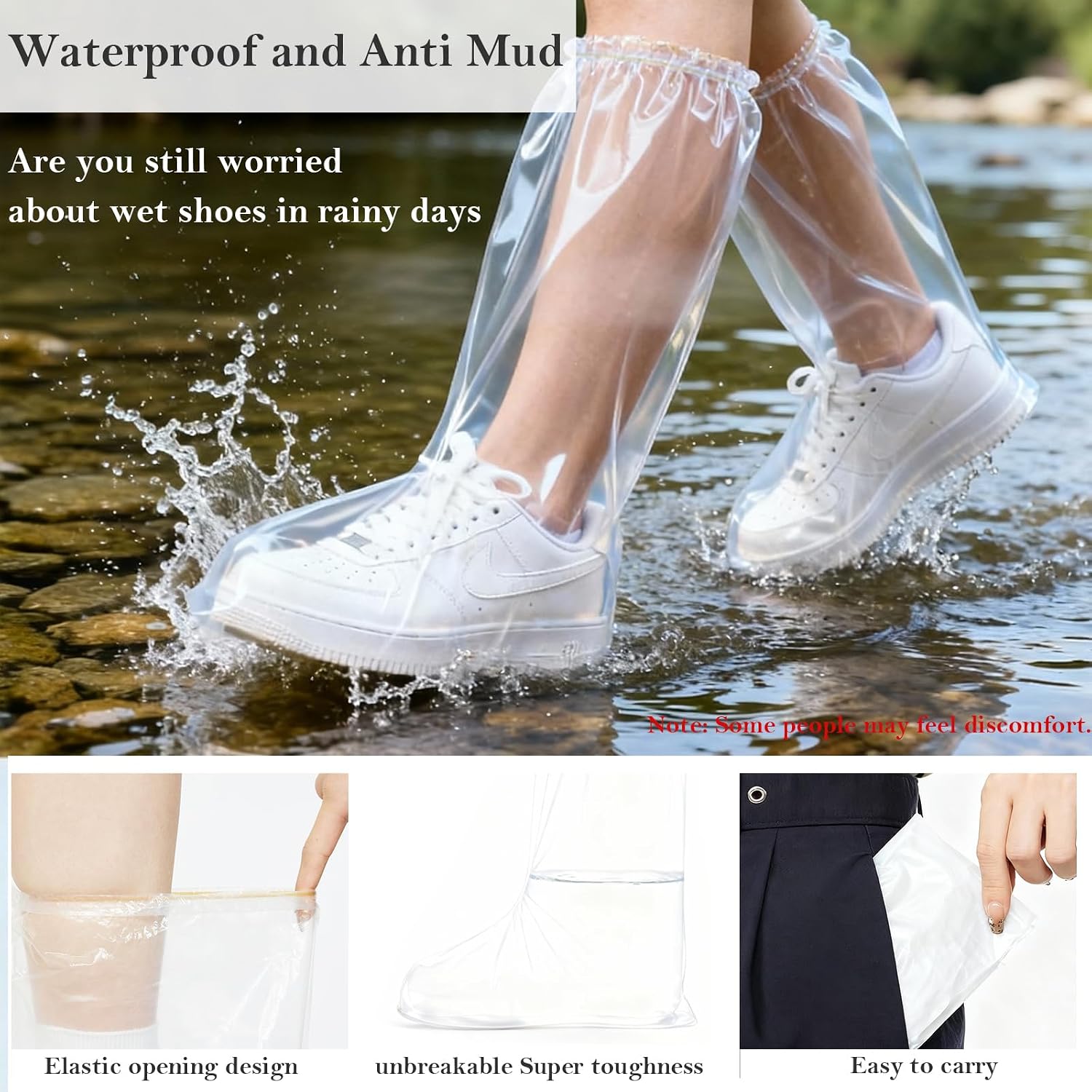 Long Rain Boot Covers for Adults, 20 Pcs Extended Length Plastic Shoe Covers for Rain for Use in Water Parks, Rain and Snow (clear, adult(long))