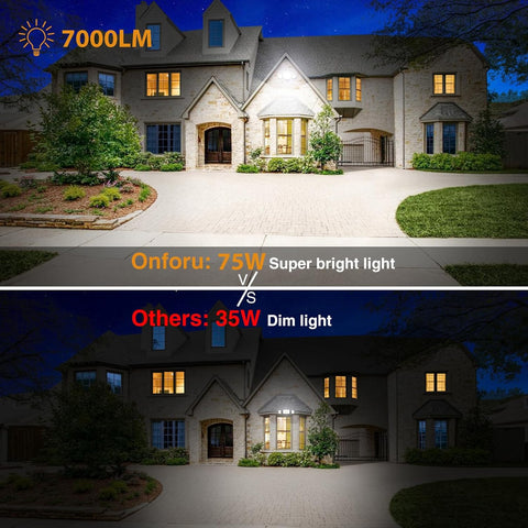 Onforu 75W Flood Lights Outdoor, 7000LM Brightness Security Lights Switch Controlled, 3 Adjustable Heads, IP65 Waterproof, 6500K Wall Mount Exterior LED Flood Light